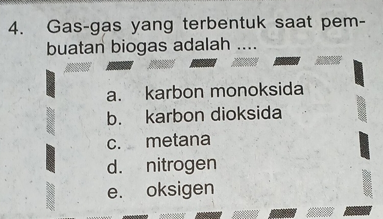 Gas-gas yang terbentuk saat pem-
buatan biogas adalah ....
a. karbon monoksida
b. karbon dioksida
c. metana
d. nitrogen
e. oksigen