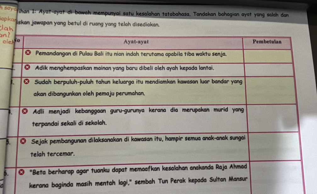 saya tihan I: Ayat-ayat di bawah mempunyai satu kesalahan tatabahasa. Tandakan bahagian ayat yang salah dan 
japkar iskan jawapan yang betul di ruang yang telah disediakan. 
Ja 
an 
ol 
5 
5. 
kerana ba