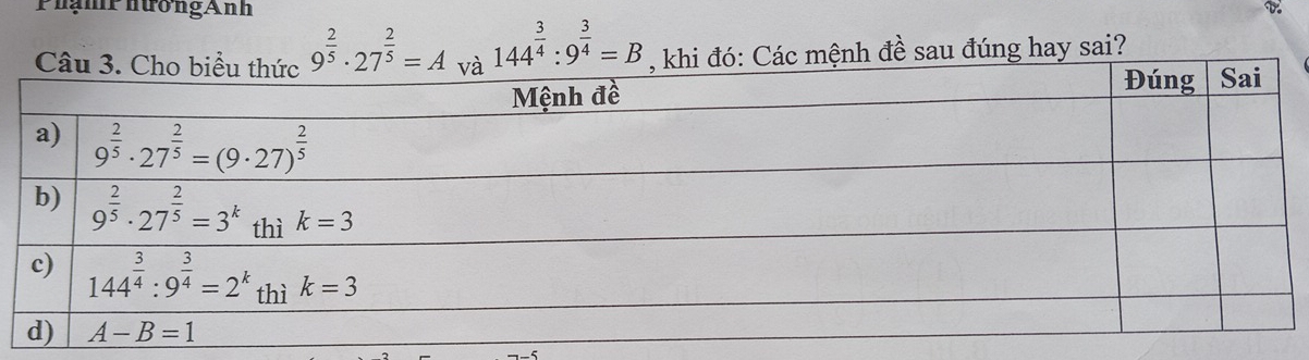 PhạnPnươngAnh
9^(frac 2)5· 27^(frac 2)5=A 144^(frac 3)4:9^(frac 3)4=B nh đề sau đúng hay sai?