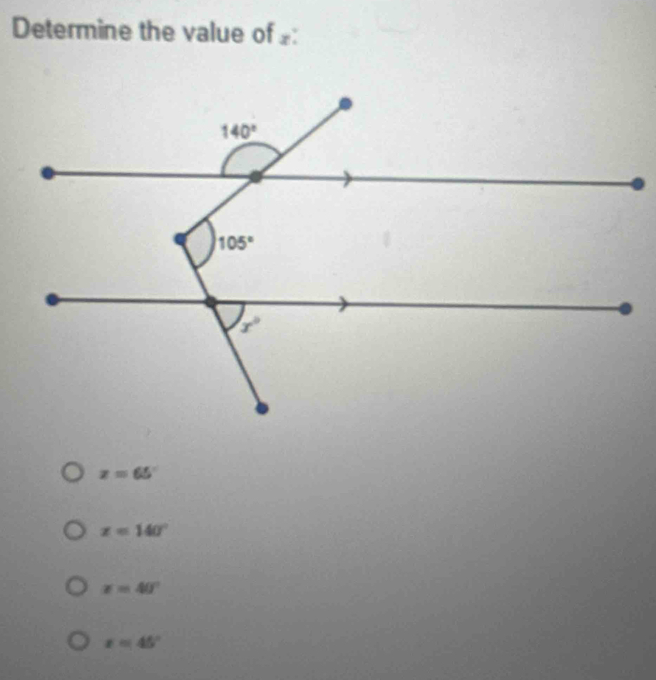 Determine the value of £:
z=65°
x=140°
x=40°
x=45°