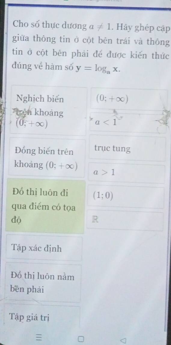 Cho số thực dương a!= 1. Hãy ghép cập 
giữa thông tin ở cột bên trái và thông 
tin ở cột bên phải để được kiến thức 
đúng về hàm số y=log _ax. 
Nghịch biến (0;+∈fty )
kên khoảng
(0,+∈fty )
a<1</tex> 
Đồng biến trên trục tung 
khoang (0;+∈fty ) a>1
Đồ thị luôn đi (1;0)
qua điểm có tọa 
độ 
R 
Tập xác định 
Đồ thị luôn nằm 
bēn phải 
Tập giá trị