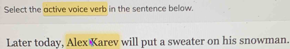 Select the active voice verb in the sentence below. 
Later today, Alex Karev will put a sweater on his snowman.