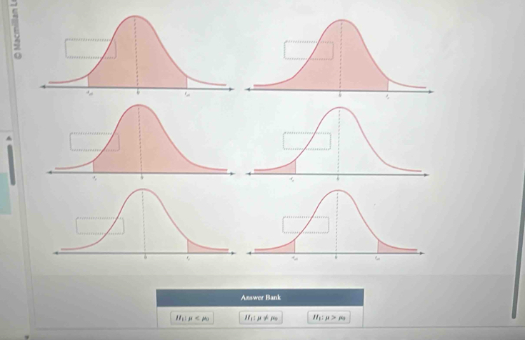 Answer Bank
H_1:mu H_1:mu != mu _0 H_1:mu >mu _0