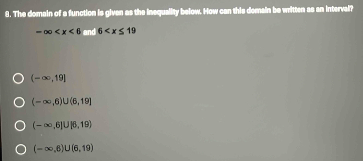 The domain of a function is given as the inequality below. How can this domain be written as an interval?
-∈fty and 6
(-∈fty ,19]
(-∈fty ,6)∪ (6,19]
(-∈fty ,6]∪ [6,19)
(-∈fty ,6)∪ (6,19)