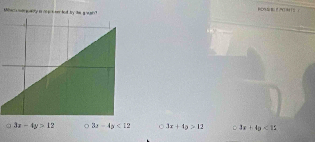 POSSIBL E POINT 5 2
Wich iequality is represented by the graph?
3x-4y>12 3x-4y<12</tex> 3x+4y>12 3x+4y<12</tex>