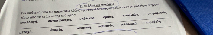 Β. Λεξιλογικές ασκήσεις
Πιακαθεμιάααπόοτιςαπιαρακαάτωναλοέίξεοιςατηςονέαςαελληνικής να βρείτεαέναναετυμιολογικάα σουογγενή
τύπο από το κείμενο της ενότητας:
_εναλλαγή, συγκατοίκηση, υπόλοιπο, όραση, κατάληψη, υπεραρκετός
μετοχή, έναρξη, αναμονή,_ _καθεστώς, τελειωτικά,
παραβολή