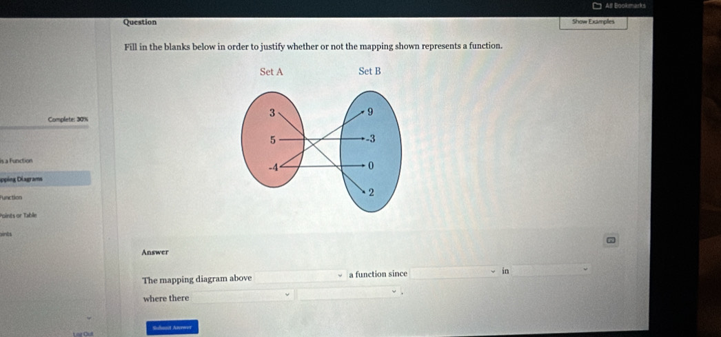 All Bookmarks 
Question Show Examples 
Fill in the blanks below in order to justify whether or not the mapping shown represents a function. 
Complete: 30%
is a Function 
apping Diagrams 
Function 
Points or Table 
onts 
Answer 
The mapping diagram above a function since in 
where there 
Lei Oull Subant Answor