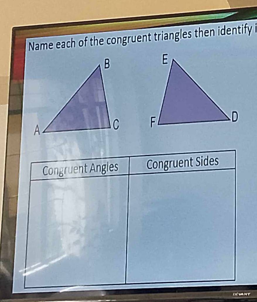 Name each of the congruent triangles then identify i 

Congruent Angles Congruent Sides