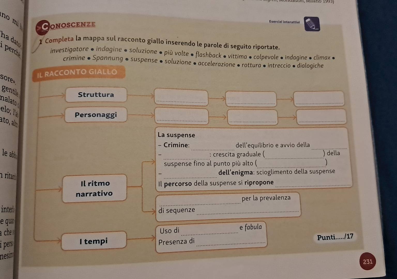 Un, Miaño 1993) 
nº mi 
CONOSCENZE 
Esercizi interattivi 
ha dato 
1 Completa la mappa sul racconto giallo inserendo le parole di seguito riportate. 
investigatore ● indagine ● soluzione ● più volte ● flashback ● vittima ● colpevole ● indagine • climax ● 
crimine ● Spannung ● suspense ● soluzione ● accelerazione • rottura • intreccio ● dialogiche 
IL RACCONTO GIALLO 
sore 
gentile 
Struttura 
nalato 
_ 
__ 
_ 
elo; la 
__ 
Personaggi 
ato, al 
La suspense 
_ 
- Crimine: dell’equilibrio e avvio della_ 
le abb _: crescita graduale (_ ) della 
suspense fino al punto più alto (_ 
h ritard 
_ 
dell’enigma: scioglimento della suspense 
Il ritmo Il percorso della suspense si ripropone_ 
narrativo 
_ 
per la prevalenza 
interb 
di sequenze_ 
e qur 
a che _e fabula 
Uso di 
i pers . 
I tempi Presenza di_ 
Punti...../17 
nesím 
231