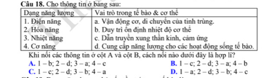 Cho thông tin ở bảng sau:
Khi nổi các thông tin ở cột A và cột B, cách nổi nào dưới đây là hợp lí?
A. 1-b; 2-d; 3-a; 4-c B. 1-c; 2-d; 3-a; 4-b
C. 1-c; 2-d; 3-b; 4-a D. 1-a; 2-d; 3-b; 4-c