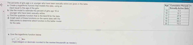 The percents of girls age x or younger who have been sexually active are given in the table 
a. Create a logarithmic functon that models the data, using an 
input equal to the age of the girts 
b. Use the model to estimate the percent of girls age 18 or 
younger who have been sexually active. 
c. Find the quadratic function that is the best fit for the data. 
d. Graph each of these functions on the same axes with the 
for the data data points to determine which function is the better model 
a. Give the logarithmic function below.
y=□ +□ ln x
(Type integers or decimals rounded to the nearest thousandth as needed.)
