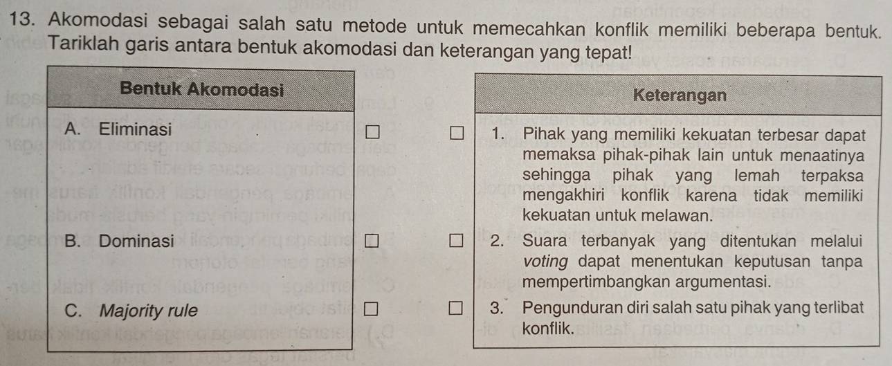 Akomodasi sebagai salah satu metode untuk memecahkan konflik memiliki beberapa bentuk.
Tariklah garis antara bentuk akomodasi dan keterangan yang tepat!
Bentuk Akomodasi Keterangan
A. Eliminasi 1. Pihak yang memiliki kekuatan terbesar dapat
memaksa pihak-pihak lain untuk menaatinya
sehingga pihak yang lemah terpaksa
mengakhiri konflik karena tidak memiliki
kekuatan untuk melawan.
B. Dominasi 2. Suara terbanyak yang ditentukan melalui
voting dapat menentukan keputusan tanpa
mempertimbangkan argumentasi.
C. Majority rule 3. Pengunduran diri salah satu pihak yang terlibat
konflik.