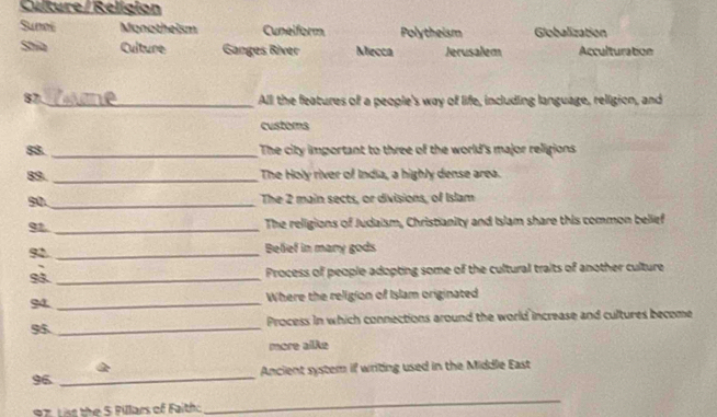 Culture /Réligion
Sumi Monotheism Cunelform Polytheism Globalization
Shia Culture Ganges River Mecca Jerusalem Acculturation
87._ All the features of a people's way of life, including language, religion, and
customs
88. _The city important to three of the world's major religions
89._ The Holy river of India, a highly dense area.
90._ The 2 main sects, or divisions, of Islam
_
The religions of Judaism, Christianity and Islam share this common belief
92 _Befief in mary gods
93 _Process of people adopting some of the cultural traits of another culture
94 _Where the religion of Islam originated
Process in which connections around the world increase and cultures become
95_
more alke
96 _Ancient system if writing used in the Middle East
97 Liss the S Pillars of Faitho
_