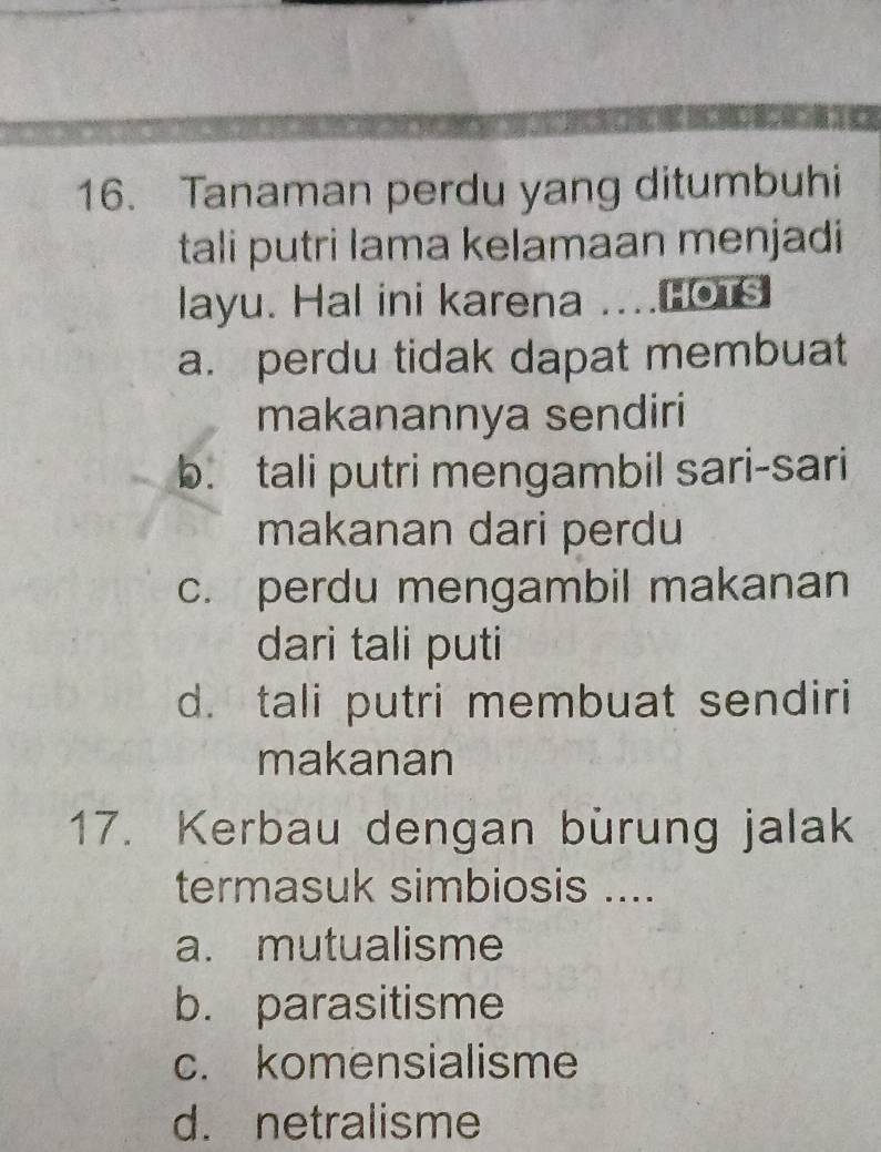 Tanaman perdu yang ditumbuhi
tali putri lama kelamaan menjadi
layu. Hal ini karena ....Hors
a. perdu tidak dapat membuat
makanannya sendiri
b. tali putri mengambil sari-sari
makanan dari perdu
c. perdu mengambil makanan
dari tali puti
d. tali putri membuat sendiri
makanan
17. Kerbau dengan bürung jalak
termasuk simbiosis ....
a. mutualisme
b. parasitisme
c. komensialisme
d. netralisme