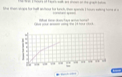 The first 2 hours of Faye's walk are shown on the graph below. 
She then stops for half an hour for lunch, then spends 2 hours walking home at a 
constant speed. 
What time does Faye arrive home? 
Give your answer using the 24 hour clock. 
. 
.
10 ,” ,, 1 6 38
,, ,, 00 0 Ture 
Answer 
= Watch videa