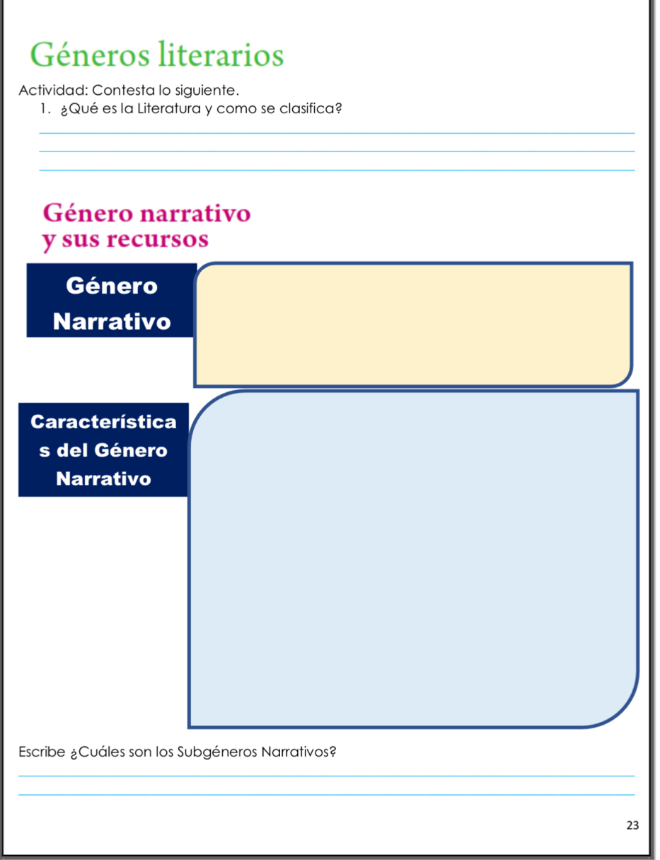 Géneros literarios 
Actividad: Contesta lo siguiente. 
1. £Qué es la Literatura y como se clasifica? 
_ 
_ 
_ 
Género narrativo 
y sus recursos 
Género 
Narrativo 
Característica 
s del Género 
Narrativo 
Escribe ¿Cuáles son los Subgéneros Narrativos? 
_ 
_ 
23