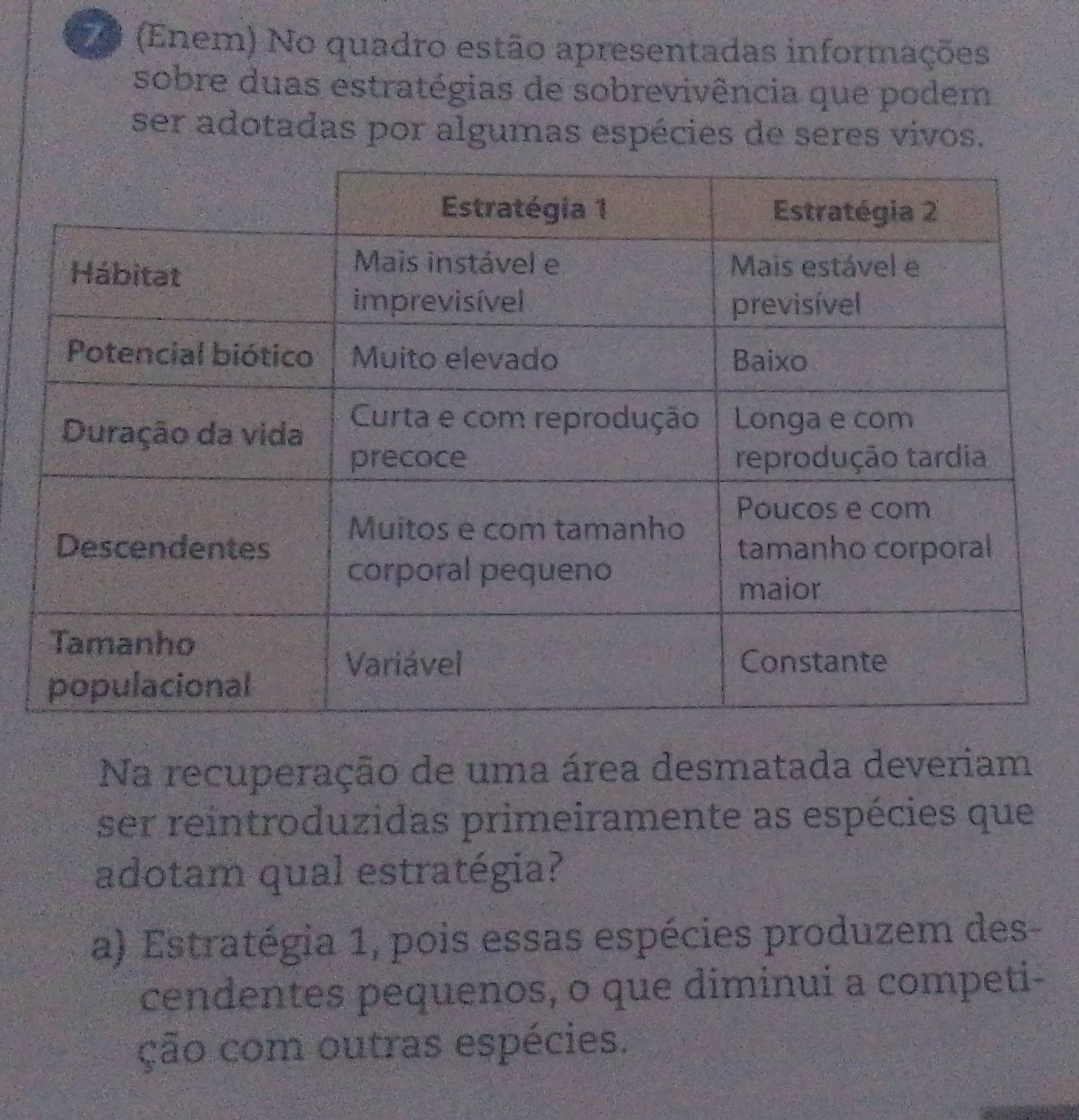 20 (Enem) No quadro estão apresentadas informações
sobre duas estratégias de sobrevivência que podem
ser adotadas por algumas espécies de seres vivos.
Na recuperação de uma área desmatada deveriam
ser reintroduzidas primeiramente as espécies que
adotam qual estratégia?
a) Estratégia 1, pois essas espécies produzem des-
cendentes pequenos, o que diminui a competi-
ção com outras espécies.