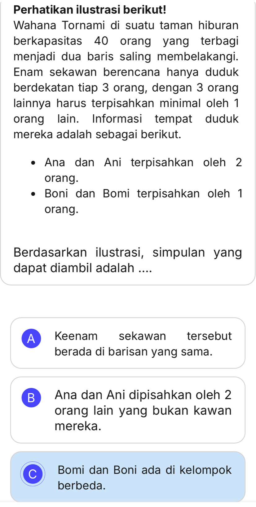 Perhatikan ilustrasi berikut!
Wahana Tornami di suatu taman hiburan
berkapasitas 40 orang yang terbagi
menjadi dua baris saling membelakangi.
Enam sekawan berencana hanya duduk
berdekatan tiap 3 orang, dengan 3 orang
lainnya harus terpisahkan minimal oleh 1
orang lain. Informasi tempat duduk
mereka adalah sebagai berikut.
Ana dan Ani terpisahkan oleh 2
orang.
Boni dan Bomi terpisahkan oleh 1
orang.
Berdasarkan ilustrasi, simpulan yang
dapat diambil adalah ....
A Keenam sekawan tersebut
berada di barisan yang sama.
B Ana dan Ani dipisahkan oleh 2
orang lain yang bukan kawan
mereka.
C Bomi dan Boni ada di kelompok
berbeda.