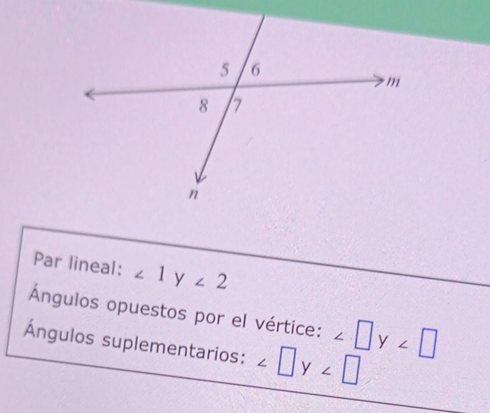 Par lineal: ∠ 1y∠ 2
Ángulos opuestos por el vértice: ∠ □ y∠ □
Ángulos suplementarios: ∠ □ y∠ □