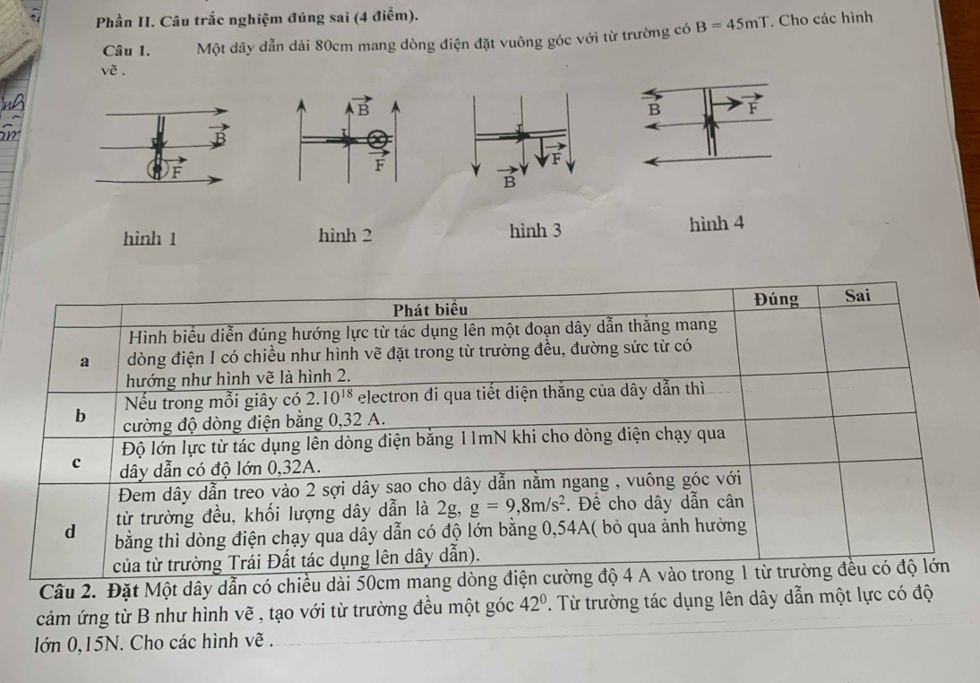 Phần II. Câu trắc nghiệm đúng sai (4 điểm).
Câu 1. Một dây dẫn dài 80cm mang dòng điện đặt vuông góc với từ trường có B=45mT. Cho các hình
voverline e
B F
F
hình 1 hình 2 hình 3 hình 4
Câu 2. Đặt Một dây dẫn có ch
cảm ứng từ B như hình vẽ , tạo với từ trường đều một góc 42°. Từ trường tác dụng lên dây dẫn một lực có độ
lớn 0,15N. Cho các hình vẽ .