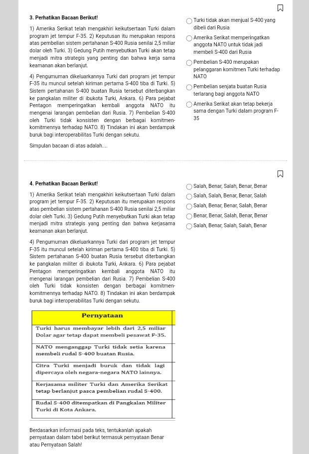 Perhatikan Bacaan Berikut! Turki tidak akan menjual S-400 yang
1) Amerika Serikat telah mengakhiri keikutsertaan Turki dalam dibeli dari Rusia
program jet tempur F-35. 2) Keputusan itu merupakan respons Amerika Serikat memperingatkan
atas pembelian sistem pertahanan S-400 Rusia senilai 2,5 miliar anggota NATO untuk tidak jadi
dolar oleh Turki. 3) Gedung Putih menyebutkan Turki akan tetap membeli S-400 dari Rusia
menjadi mitra strategis yang penting dan bahwa kerja sama Pembelian S-400 merupakan
keamanan akan berlanjut. pelanggaran komitmen Turki terhadap
4) Pengumuman dikeluarkannya Turki dari program jet tempur NATO
F-35 itu muncul setelah kiriman pertama S-400 tiba di Turki. 5)
Sistem pertahanan S-400 buatan Rusia tersebut diterbangkan Pembelian senjata buatan Rusia
ke pangkalan militer di ibukota Turki, Ankara. 6) Para pejabat terlarang bagi anggota NATO
Pentagon memperingatkan kembali anggota NATO itu Amerika Serikat akan tetap bekerja
mengenai larangan pembelian dari Rusia. 7) Pembelian S-400 sama dengan Turki dalam program F-
oleh Turki tidak konsisten dengan berbagai komitmen- 35
komitmennya terhadap NATO.8 Tindakan ini akan berdampak
buruk bagi interoperabilitas Turki dengan sekutu.
Simpulan bacaan di atas adalah....
4. Perhatikan Bacaan Berikut!  Salah, Benar, Salah, Benar, Benar
1) Amerika Serikat telah mengakhiri keikutsertaan Turki dalam Salah, Salah, Benar, Benar, Salah
program jet tempur F-35. 2) Keputusan itu merupakan respons
atas pembelian sistem pertahanan S-400 Rusia senilai 2,5 miliar Salah, Benar, Benar, Salah, Benar
dolar oleh Turki. 3) Gedung Putih menyebutkan Turki akan tetap  Benar, Benar, Salah, Benar, Benar
menjadi mitra strategis yang penting dan bahwa kerjasama  Salah, Benar, Salaħ, Salah, Benar
keamanan akan berlanjut.
4) Pengumuman dikeluarkannya Turki dari program jet tempur
F-35 itu muncul setelah kiriman pertama S-400 tiba di Turki. 5)
Sistem pertahanan S-400 buatan Rusia tersebut diterbangkan
ke pangkalan militer di ibukota Turki, Ankara. 6) Para pejabat
Pentagon memperingatkan kembali anggota NATO itu
mengenai larangan pembelian dari Rusia. 7) Pembelian S-400
oleh Turki tidak konsisten dengan berbagai komitmen-
komitmennya terhadap NATO. 8) Tindakan ini akan berdampak
buruk bagi interoperabilitas Turki dengan sekutu.
Berdasarkan informasi pada teks, tentukanlah apakah
pernyataan dalam tabel berikut termasuk pernyataan Benar
atau Pernyataan Salah!