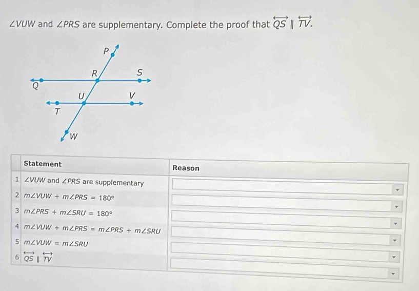 ∠ VUW and ∠ PRS are supplementary. Complete the proof that overleftrightarrow QSparallel overleftrightarrow TV. 
Statement Reason 
1 ∠ VUW and ∠ PRS are supplementary 
2 m∠ VUW+m∠ PRS=180°
3 m∠ PRS+m∠ SRU=180°
4 m∠ VUW+m∠ PRS=m∠ PRS+m∠ SRU
5 m∠ VUW=m∠ SRU
6 overleftrightarrow QSparallel overleftrightarrow TV