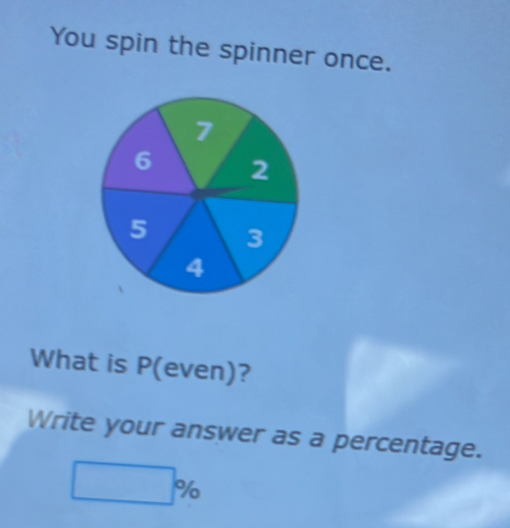 You spin the spinner once. 
What is P (even)? 
Write your answer as a percentage.
□ %