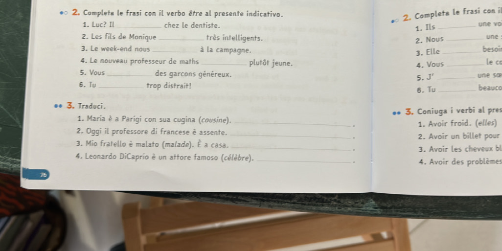 Completa le frasi con il verbo être al presente indicativo. 
2. Completa le frasi con i 
1. Luc? Il _chez le dentiste. 
1. Ils _une vo 
2. Les fils de Monique _très intelligents. _une 
2. Nous 
3. Le week-end nous _à la campagne. 
3. Elle _besoi 
4. Le nouveau professeur de maths _plutôt jeune. 
4. Vous _le co 
5. Vous _des garcons généreux. 5. J' _une sa 
6. Tu _trop distrait! _beauco 
6. Tu 
3. Traduci. 
1. Maria è a Parigi con sua cugina (cousine). _3. Coniuga i verbi al pres 
. 1. Avoir froid. (elles) 
2. Oggi il professore di francese è assente. 
_2. Avoir un billet pour 
3. Mio fratello è malato (malade). É a casa._ 
. 3. Avoir les cheveux b 
4. Leonardo DiCaprio è un attore famoso (célèbre)._ 
. 4. Avoir des problèmes 
1