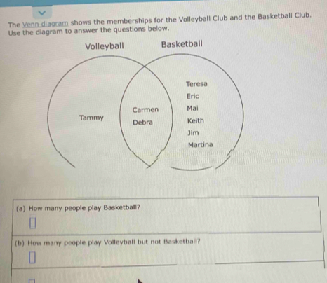 The Venn diagram shows the memberships for the Volleyball Club and the Basketball Club. 
Use the diagram to answer the questions below. 
Volleyball Basketball 
(a) How many people play Basketball? 
(b) How many people play Volleyball but not Basketball?