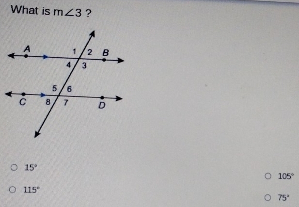 What is m∠ 3 ?
15°
105°
115°
75°