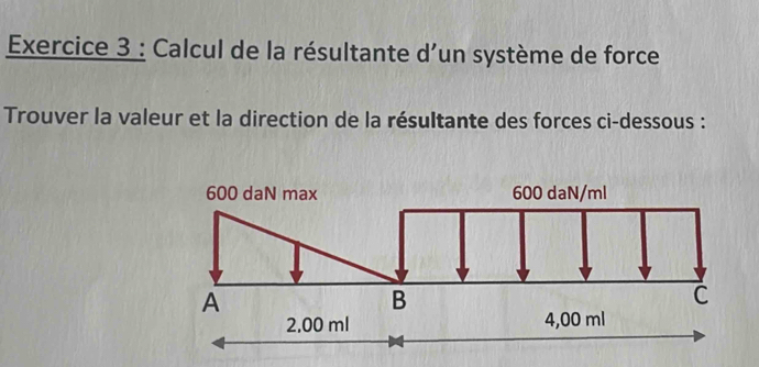 Calcul de la résultante d'un système de force 
Trouver la valeur et la direction de la résultante des forces ci-dessous :