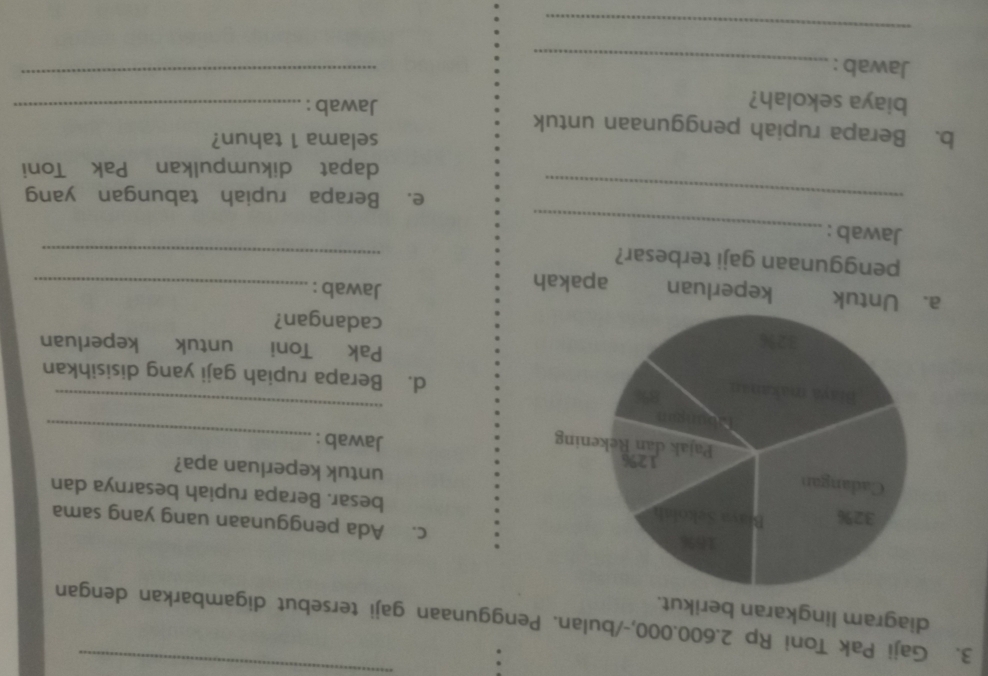 Gaji Pak Toni Rp 2.600.000,-/bulan. Penggunaan gaji tersebut digambarkan dengan 
diagram lingkaran berikut. 
c. Ada penggunaan uang yang sama 
besar. Berapa rupiah besarnya dan 
untuk keperluan apa? 
_ 
Jawab : 
_ 
d. Berapa rupiah gaji yang disisihkan 
Pak Toni untuk keperluan 
cadangan? 
a. Untuk keperluan apakah Jawab :_ 
penggunaan gaji terbesar?_ 
Jawab :_ 
_e. Berapa rupiah tabungan yang 
dapat dikumpulkan Pak Toni 
selama 1 tahun? 
b. Berapa rupiah penggunaan untuk 
biaya sekolah? Jawab :_ 
_ 
Jawab : 
_ 
_