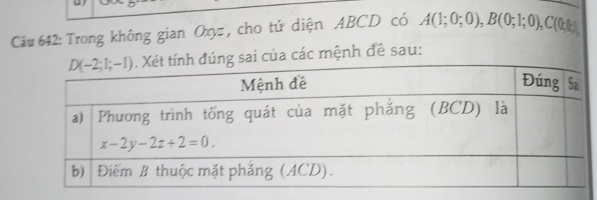 Trong không gian Oxyz , cho tứ diện ABCD có A(1;0;0),B(0;1;0),C(0;1)
ai của các mệnh đề sau: