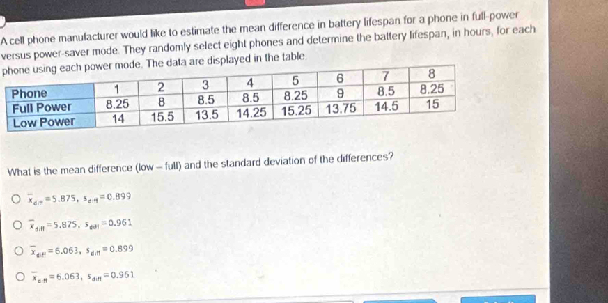 A cell phone manufacturer would like to estimate the mean difference in battery lifespan for a phone in full-power
versus power-saver mode. They randomly select eight phones and determine the battery lifespan, in hours, for each
data are displayed in the table.
What is the mean difference (low - full) and the standard deviation of the differences?
overline x_ditf=5.875, s_diff=0.899
overline x_diff=5.875, s_diff=0.961
overline x_diff=6.063, s_diff=0.899
overline x_diff=6.063, s_diff=0.961