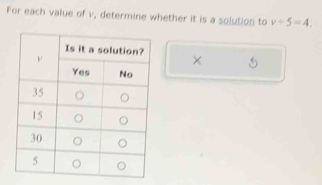 For each value of v, determine whether it is a solution to v/ 5=4, 
× 5