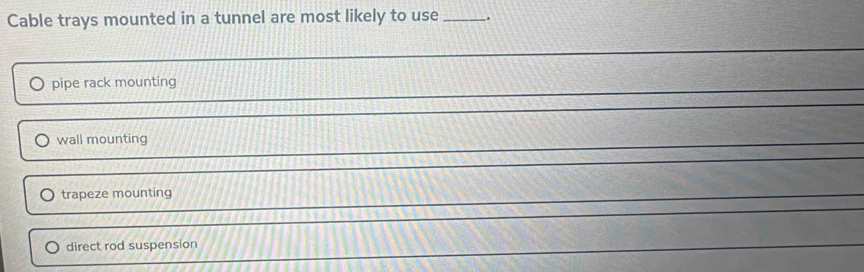 Solved: Cable trays mounted in a tunnel are most likely to use _. pipe ...