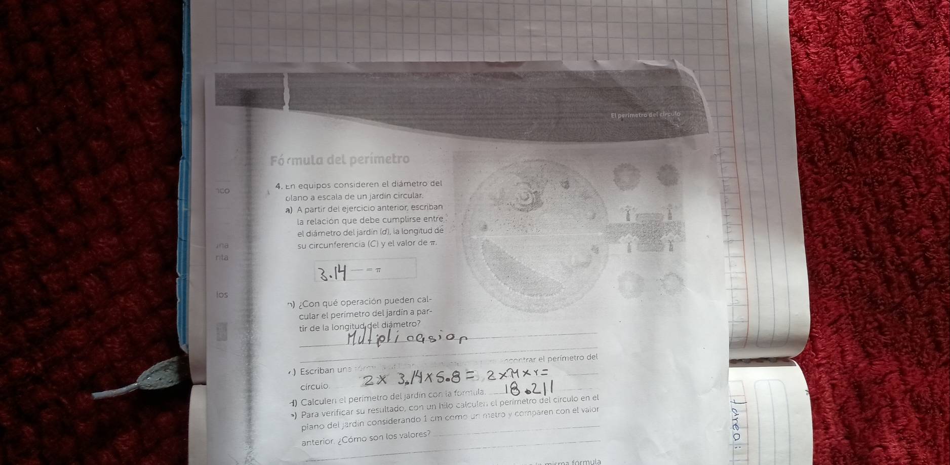 Fó mula del perímetro
100 4. En equipos consideren el diámetro del 
olano a escala de un jardin circular. 
a) A partir del ejercicio anterior, escriban 
la relación que debe cumplirse entre 
el diámetro del jardín (d), la longitud de 
su circunferencia (C) y el valor de π
nta
π
los 
n) ¿Con qué operación pueden cal- 
cular el perímetro del jardín a par- 
_ 
tir de la longitud del diámetro? 
_ 
_ 
Escriban un a tó e ar l erím etro del 
círcuio. 
H) Calculen el perímetro del jardín con la formula. 
_ 
») Para verificar su resultado, con un hilo calculen el perimetro del círculo en el 
piano del jardín considerando 1 cm como un metro y comparen con el valor 
anterior. ¿Cómo son los valores?