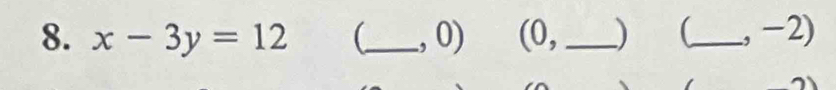 x-3y=12 _ ., 0) (0,_ ) _, −2)