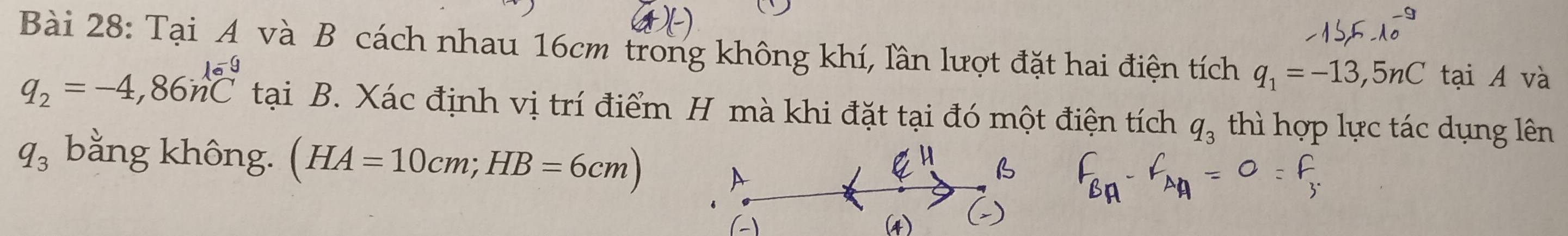 Tại A và B cách nhau 16cm trong không khí, lần lượt đặt hai điện tích q_1=-13,5nC tại A và
q_2=-4,86n_2C tại B. Xác định vị trí điểm H mà khi đặt tại đó một điện tích q_3 thì hợp lực tác dụng lên
q_3 bằng không. (HA=10cm; HB=6cm)
A