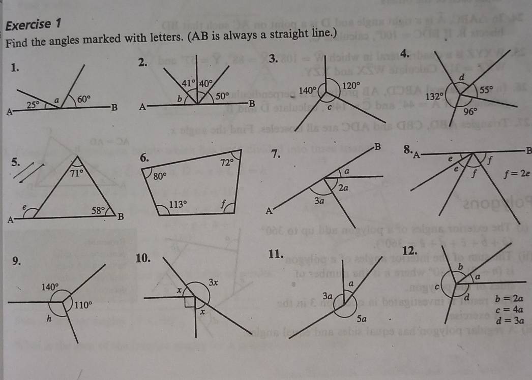 Find the angles marked with letters. (AB is always a straight line.)
3.
4.
11.12.