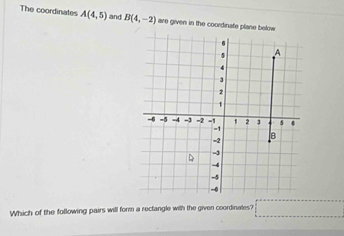 The coordinates A(4,5) and B(4,-2) are given in the coordinate plane below
6
5 A
4
3
2
1
-6 -5 -4 -3 -2 -1 1 2 3 5 6
-1
-2
B
-3
-4
-5
-6
Which of the following pairs will form a rectangle with the given coordinates?