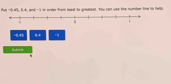 Put -0.45, 0.4, and -1 in order from least to greatest. You can use the number line to help.
−0.45 0.4 -1
Submit