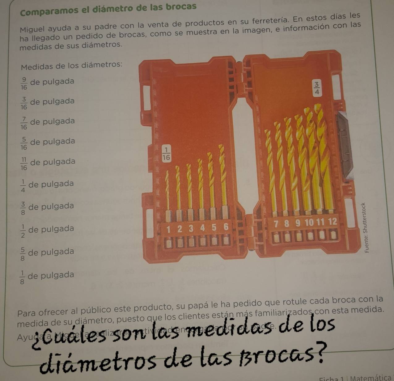 Comparamos el diámetro de las brocas
Miguel ayuda a su padre con la venta de productos en su ferretería. En estos días les
ha llegado un pedido de brocas, como se muestra en la imagen, e información con las
medidas de sus diámetros.
Medidas de los diámetros:
 9/16  de pulgada
 3/16  de pulgada
 7/16  de pulgada
 5/16  de pulgada
 11/16  de pulgada
 1/4  de pulgada
 3/8  de pulgada
 1/2  de pulgada
 5/8  de pulgada
 1/8  de pulgada
Para ofrecer al público este producto, su papá le ha pedido que rotule cada broca con la
medida de su diámetro, puesto que los clientes están más familiarizados con esta medida.
Ayu
Ficha 1 | Matemática