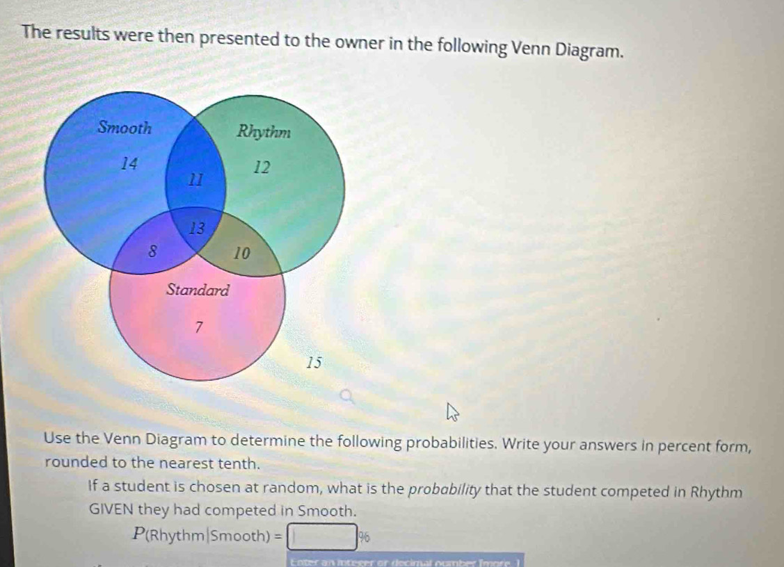 The results were then presented to the owner in the following Venn Diagram. 
Use the Venn Diagram to determine the following probabilities. Write your answers in percent form, 
rounded to the nearest tenth. 
If a student is chosen at random, what is the probability that the student competed in Rhythm 
GIVEN they had competed in Smooth.
P(Rhythm|Smooth) = %6
Enter an integer or decimal number (more