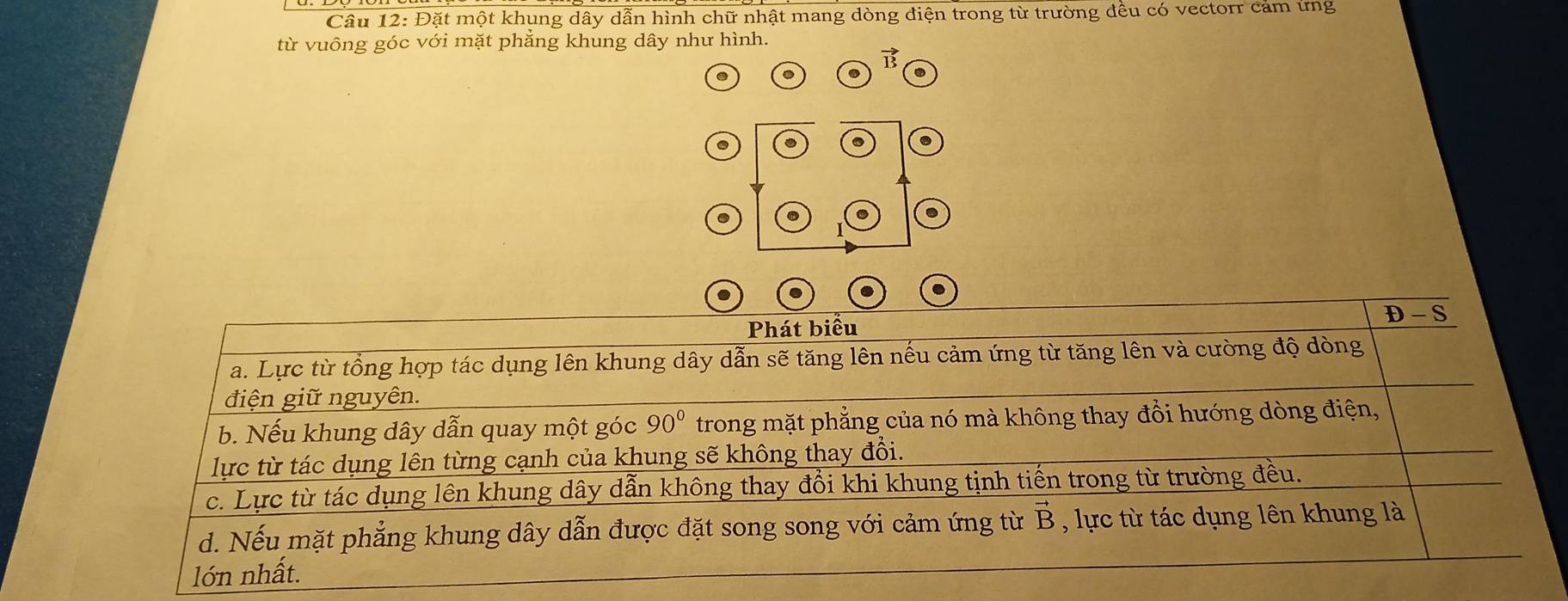 Đặt một khung dây dẫn hình chữ nhật mang dòng điện trong từ trường đều có vectorr cảm ứng
từ vuông góc với mặt phẳng khung dây như hình.
vector B 
a
. . . .
. .
.
1
D- S
Phát biểu
a. Lực từ tổng hợp tác dụng lên khung dây dẫn sẽ tăng lên nếu cảm ứng từ tăng lên và cường độ dòng
điện giữ nguyên.
b. Nếu khung dây dẫn quay một góc 90° trong mặt phẳng của nó mà không thay đổi hướng dòng điện,
lực từ tác dụng lên từng cạnh của khung sẽ không thay đổi.
c. Lực từ tác dụng lên khung dây dẫn không thay đổi khi khung tịnh tiến trong từ trường đều.
d. Nếu mặt phẳng khung dây dẫn được đặt song song với cảm ứng từ vector B , lực từ tác dụng lên khung là
lớn nhất.