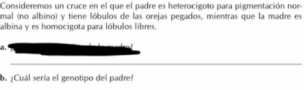 Consideremos un cruce en el que el padre es heterocigoto para pigmentación nor- 
mal (no albino) y tiene lóbulos de las orejas pegados, mientras que la madre es 
albina y es homocigota para lóbulos libres. 
a. 
_ 
b. ¿Cuál sería el genotipo del padre?