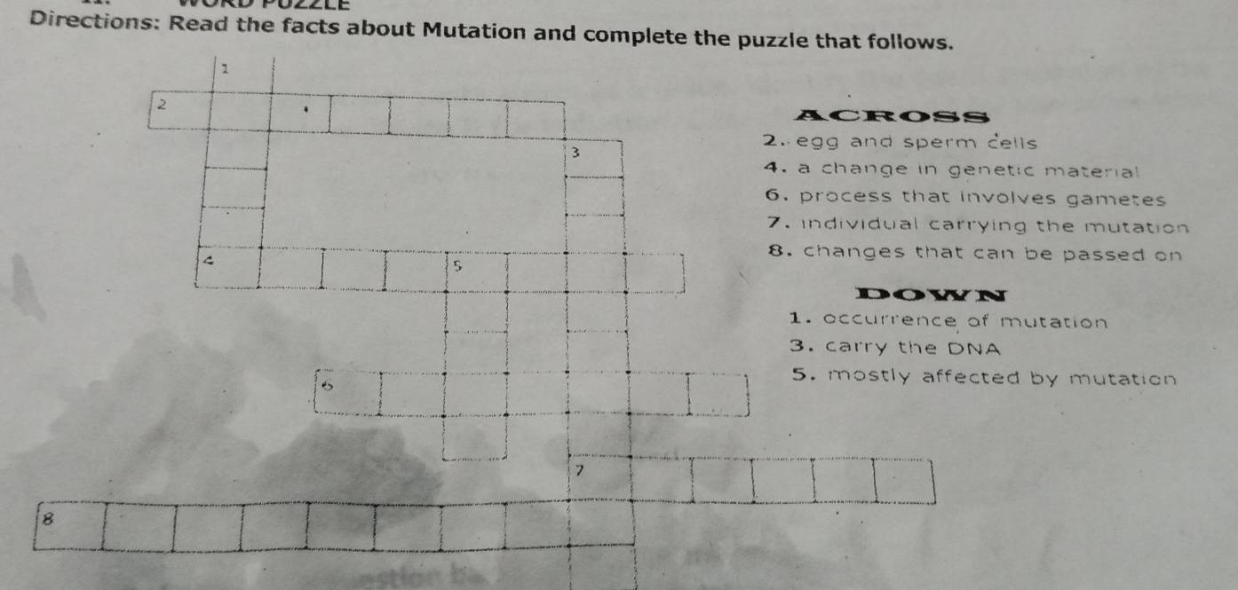 Directions: Read the facts about Mutation and complete the puzzle that follows. 
1 
2 
. 
ACROS 
3 
2.egg and sperm cells 
4. a change in genetic material 
6. process that involves gametes 
7. individual carrying the mutation 
8. changes that can be passed on 
5 
down 
1. occurrence of mutation 
3. carry the DNA 
6 
5. mostly affected by mutation 
7 
8