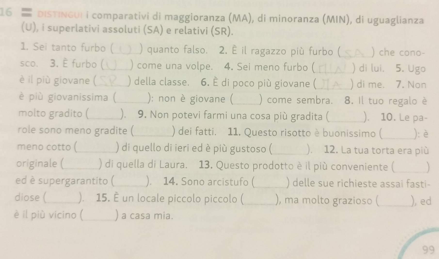 DISTINGUI i comparativi di maggioranza (MA), di minoranza (MIN), di uguaglianza 
(U), i superlativi assoluti (SA) e relativi (SR). 
1. Sei tanto furbo (_ ) quanto falso. 2. È il ragazzo più furbo (_ ) che cono- 
sco. 3. È furbo ( _) come una volpe. 4. Sei meno furbo (_ ) di lui. 5. Ugo 
è il più giovane ( _) della classe. 6. È di poco più giovane (_ ) di me. 7. Non 
è più giovanissima (_ ): non è giovane ( _) come sembra. 8. Il tuo regalo è 
molto gradito (_ ). 9. Non potevi farmi una cosa più gradita (_ ). 10. Le pa- 
role sono meno gradite ( _) dei fatti. 11. Questo risotto è buonissimo (_ ): è 
meno cotto (_ ) di quello di ieri ed è più gustoso (_ ). 12. La tua torta era più 
originale (_ ) di quella di Laura. 13. Questo prodotto è il più conveniente (_ 
ed è supergarantito (_ ). 14. Sono arcistufo (_ ) delle sue richieste assai fasti- 
diose ( _). 15. È un locale piccolo piccolo ( _), ma molto grazioso ( _), ed 
è il più vicino ( _) a casa mia. 
99