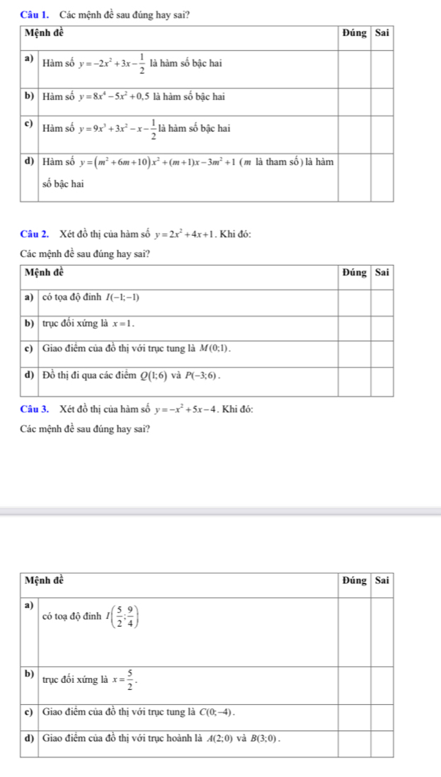 Các mệnh đề sau đúng hay sai?
Câu 2. Xét đồ thị của hàm số y=2x^2+4x+1. Khi đỏ:
Các mệnh đề sau đúng hay sai?
Câu 3. Xét đồ thị của hàm số y=-x^2+5x-4. Khi đó:
Các mệnh đề sau đúng hay sai?