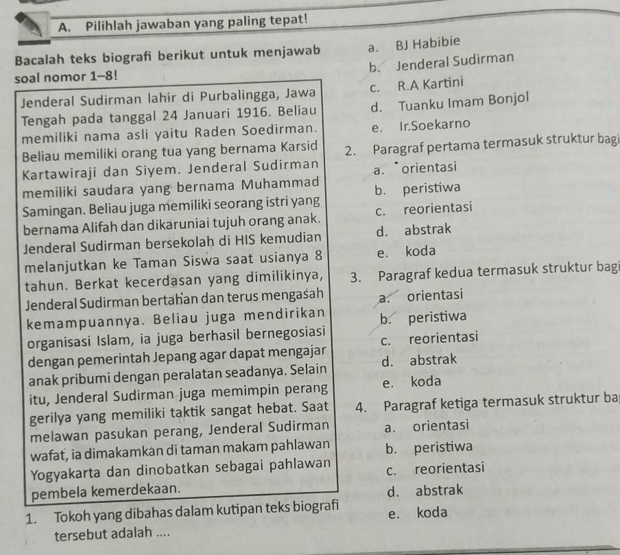 Pilihlah jawaban yang paling tepat!
Bacalah teks biografi berikut untuk menjawab a. BJ Habibie
b. Jenderal Sudirman
soal nomor 1-8!
Jenderal Sudirman lahir di Purbalingga, Jawa c. R.A Kartini
Tengah pada tanggal 24 Januari 1916. Beliau d. Tuanku Imam Bonjol
memiliki nama asli yaitu Raden Soedirman. e. Ir.Soekarno
Beliau memiliki orang tua yang bernama Karsid 2. Paragraf pertama termasuk struktur bagi
Kartawiraji dan Siyem. Jenderal Sudirman a.  orientasi
memiliki saudara yang bernama Muhammad b. peristiwa
Samingan. Beliau juga memiliki seorang istri yang
bernama Alifah dan dikaruniai tujuh orang anak. c. reorientasi
Jenderal Sudirman bersekolah di HIS kemudian d. abstrak
melanjutkan ke Taman Siswa saat usianya 8 e. koda
tahun. Berkat kecerdasan yang dimilikinya, 3. Paragraf kedua termasuk struktur bag
Jenderal Sudirman bertahan dan terus mengasah a. orientasi
kemampuannya. Beliau juga mendirikan b. peristiwa
organisasi Islam, ia juga berhasil bernegosiasi
dengan pemerintah Jepang agar dapat mengajar c. reorientasi
anak pribumi dengan peralatan seadanya. Selain d. abstrak
itu, Jenderal Sudirman juga memimpin perang e. koda
gerilya yang memiliki taktik sangat hebat. Saat 4. Paragraf ketiga termasuk struktur ba
melawan pasukan perang, Jenderal Sudirman a. orientasi
wafať, ia dimakamkan di taman makam pahlawan b. peristiwa
Yogyakarta dan dinobatkan sebagai pahlawan c. reorientasi
pembela kemerdekaan.
d. abstrak
1. Tokoh yang dibahas dalam kutipan teks biografi e. koda
tersebut adalah ....